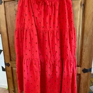 Red eyelet maxi skirt